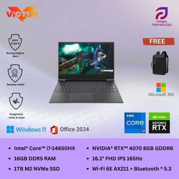 HP Victus (16-r1218TX) Mica Silver, Core i7 - 14650HX, 16GB, 1TB SSD, NVidia RTX4070 8GB, 16.1″ FHD, Win11 Home + OHS2021