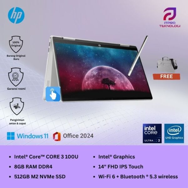 HP Pavilion x360 (14-ek2051TU | 14-ek2123TU), Core 3 - 100U, 8GB, 512GB SSD, 14″ FHD Touch, Win 11 Home + OHS2021