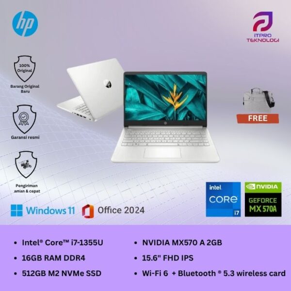 Laptop HP 15 (15-fd0888TX | 15-fd0999TX)- Core i7-1355U, 16GB, 512GB SSD, Nvidia MX570A 2GB, 15.6″ FHD, Win 11 Home + OHS