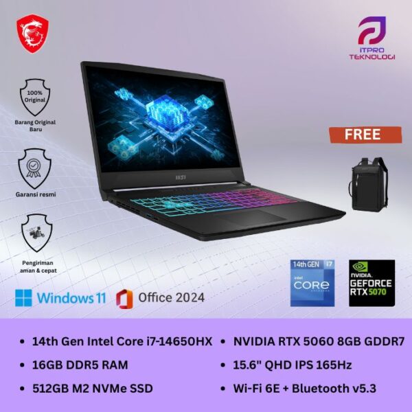 MSI Katana 15 HX B14WFK (9S7-1587C1-092) Black, Intel Core i7 - 14650HX, 16GB, 512GB SSD, Nvidia RTX5060 8GB, 15.6″ QHD, Win 11 Home + OHM + M365