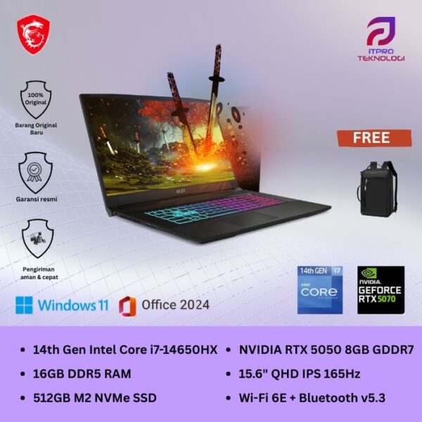 MSI Katana 15 HX B14WEK (9S7-1587C1-087) Black, Intel Core i7 - 14650HX, 16GB, 512GB SSD, Nvidia RTX5050 8GB, 15.6″ QHD, Win 11 Home + OHM + M365