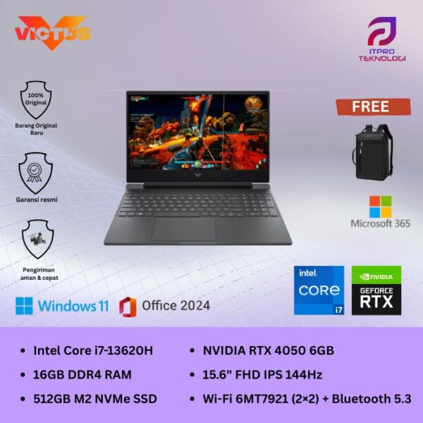 HP Victus (15-fa2883TX) Mica Silver, Core i7 - 13620H, 16GB, 512GB SSD, NVidia RTX4050 6GB,15.6″ FHD, Win 11 Home + OHS2024 + M365