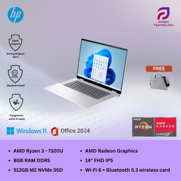 Laptop HP 14 (14-em0332AU | 14-em0333AU) - Ryzen 3-7320U, 8GB. 512GB SSD, 14″ FHD, Win 11 Home + OHS2021
