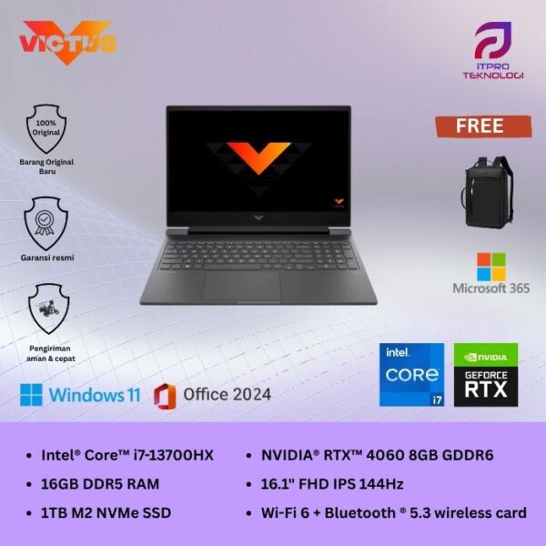 HP Victus (16-r0888TX) Silver, Core i7 - 13700HX, 16GB, 1TB SSD, NVidia RTX4060 8GB, 16.1″ FHD, Win 11 Home + OHS2021