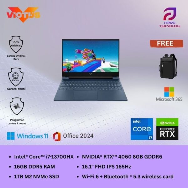 HP Victus (16-r0777TX) Silver, Core i7 - 13700HX, 16GB, 1TB SSD, Nvidia RTX4060 8GB, 16.1″ FHD, Win 11 Home + OHS2021 + M365