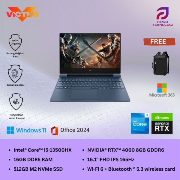 HP Victus (16-r0555TX) Silver, Core i5 - 13500HX, 16GB, 512GB SSD, Nvidia RTX4060 8GB, 16.1″ FHD, Win 11 Home + OHS2021 + M365