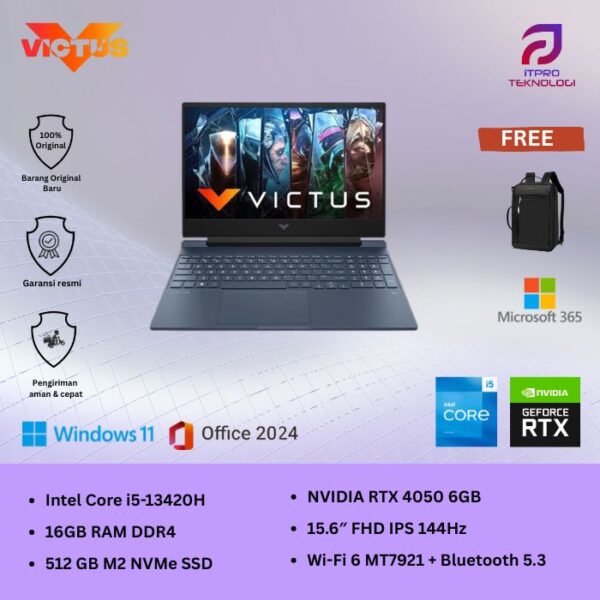 HP Victus (15-fa2717TX) Silver, Core i5 - 13420H, 16GB, 512GB SSD, Nvidia RTX4050 6GB, 15.6″ FHD, Win 11 Home + OHM 2024 + M365