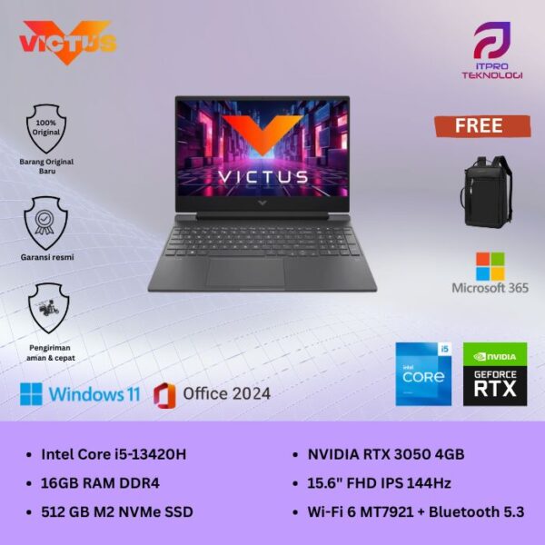 HP Victus (15-fa2716TX) Silver, Core i5 - 13420H, 16GB, 512GB SSD, Nvidia RTX 3050 4GB, 15.6″ FHD, Win 11 Home + OHM 2024 + M365