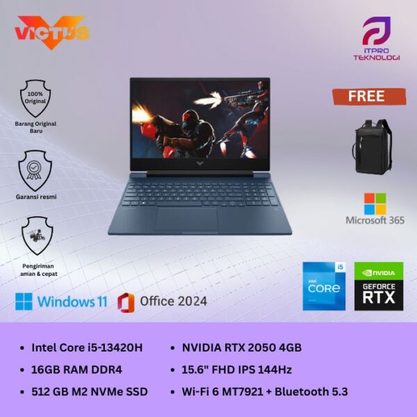 HP Victus (15-fa2715TX) Mica Silver, Core i5 - 13420H, 16GB, 512GB SSD, Nvidia RTX2050 4GB, 15.6″ FHD, Win 11 Home + OHM 2024 + M365