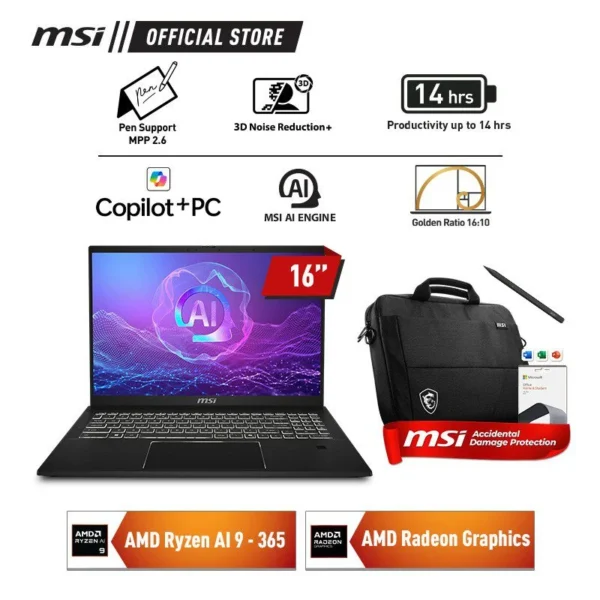 MSI Summit A16 AI + A3HMTG 041 (9S7-159K21-041) Ink Black, Ryzen AI 9 365/32GB, 1TB SSD, AMD Graph,16″ QHD Touch, Win 11 Home + OHS2021