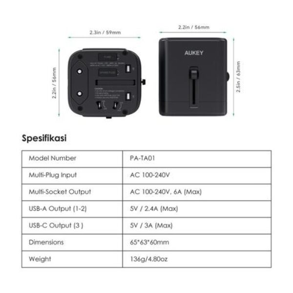 AUKEY PA-TA01 Travel Charger Adapter Universal 15W 3 Port USB Type A/C
