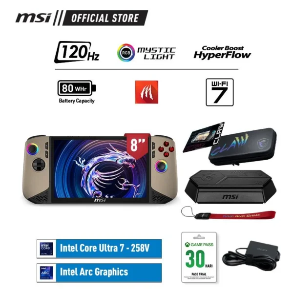 MSI Claw 8 AI + A2VM Super Pack (9S7-1T5211-063) Gaming HandHeld, Ultra 7 - 258V, 32GB, 1TB SSD, 8″ FHD Touch, Win 11 Home