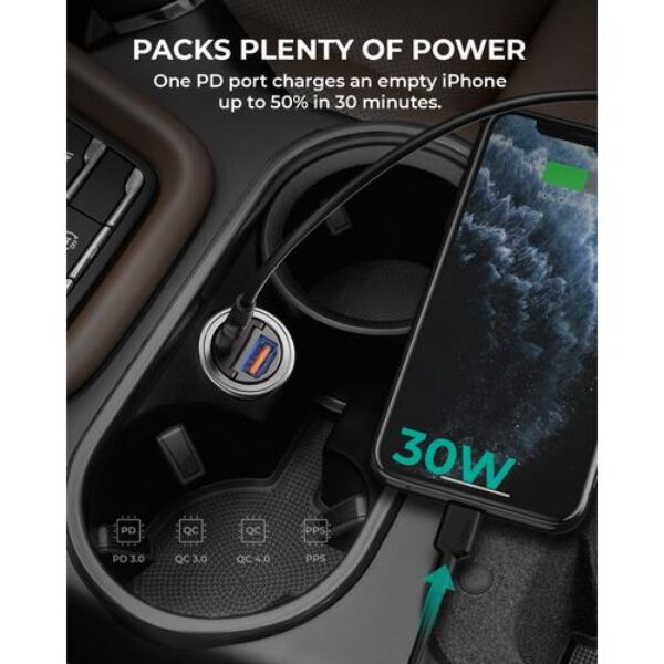 AUKEY Car Charger 30W USB C & USB A PD 3.0 QC 3.0 Multi Port CC-A3