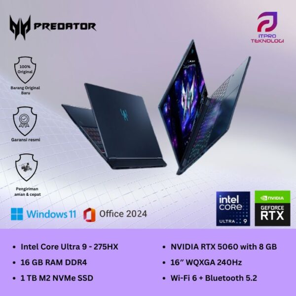 Acer Predator Helios Neo 16S (PHN16S - 71 - 90GL) Black, Intel Core Ultra 9 - 275HX, 16GB, 1TB SSD, Nvidia RTX5060 8GB, 16″ WQXGA OLED, Win 11 Home + OHM + M365