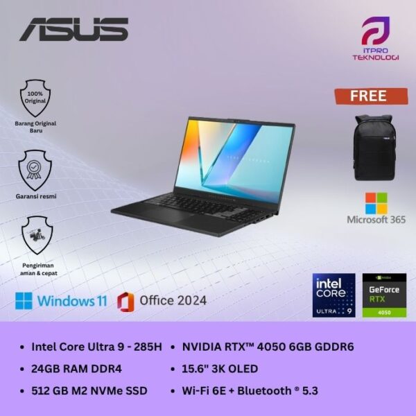 Asus Vivobook Pro 15 (N6506CU - OLEDS9211M) Earl Grey, Intel Core Ultra 9 - 285H, 24GB, 1TB SSD, Nvidia RTX4050 6GB, 15.6″ 3K OLED, Win 11 Home + OHM + M365
