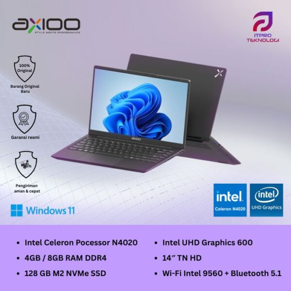 Axioo Hype 1 N4020, 4GB, 8GB, 128GB SSD, 14″ HD, UHD Graph, W11
