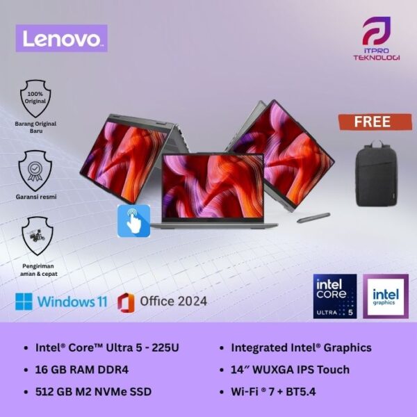 Lenovo IdeaPad 5 2-in-1 14IAL10 (83KR0037ID | 83KR0038ID), Intel Core Ultra 5 - 225U, 16GB, 512GB SSD, Intel® Graph, 14″WUXGA Touch, Win 11 Home + OHM + M365