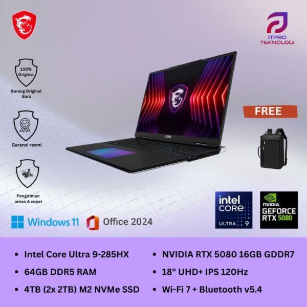 MSI Raider 18 HX AI A2XWIG (9S7-182462-083), Intel Core Ultra 9 - 285HX, 64GB, 4TB SSD, Nvidia RTX5080 16GB, 18″ UHD, Win 11 Home + OHM
