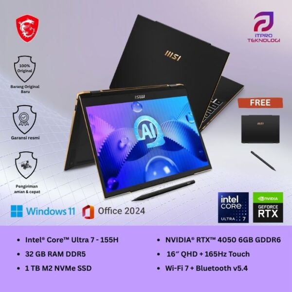 MSI Summit E16 AI Studio A1VETG - Ultra 7 155H, 32GB, 1TB SSD, Nvidia RTX4050 6GB, 16″ QHD+ Touch - Win 11 Home + OHS2021
