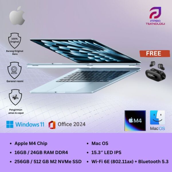 Macbook Air M4 15 Inch, 16GB/24GB,  256GB SSD/512GB SSD - 15.3″ LED, MacOS
