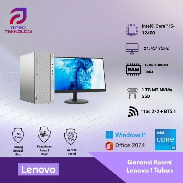 PC Lenovo IdeaCentre 5 14IAB7 (90T30041ID) Cloud Grey, Core i5 - 12400, 8GB, 1TB HDD, Intel Graphics, Ms. Win11Home, Ms. Office Home Student 2021 + Monitor 21.45" FHD (66D2KAC6WW)