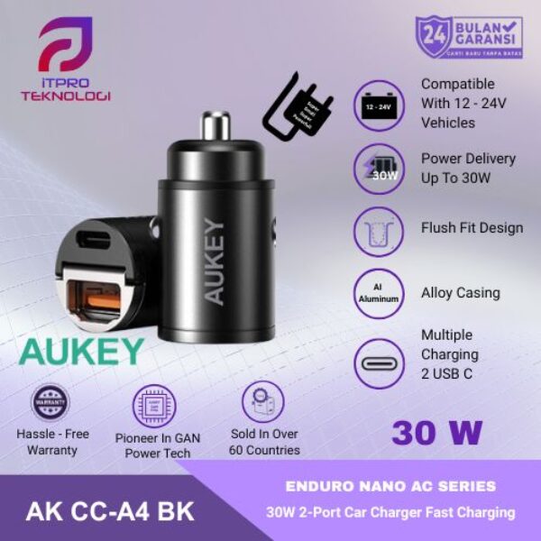 AUKEY Car Charger 30W USB C & USB A PD 3.0 QC 3.0 Multi Port CC-A4