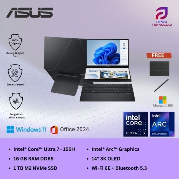 Asus Zenbook Duo (UX8406MA-OLEDS711) Inkwell Grey, Intel Core Ultra 7 - 155H, 16GB, 1TB SSD, Arc Graph, 14″ 3K Touch, Win 11 Home + OHS 2021