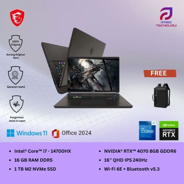 MSI Sword 16 HX B14VGKG (9S7-15P214-063) Gray, Core i7 - 14700HX, 16GB, 1TB SSD, Nvidia RTX4070 8GB, 16″ QHD, Win 11 Home + OHS 2021