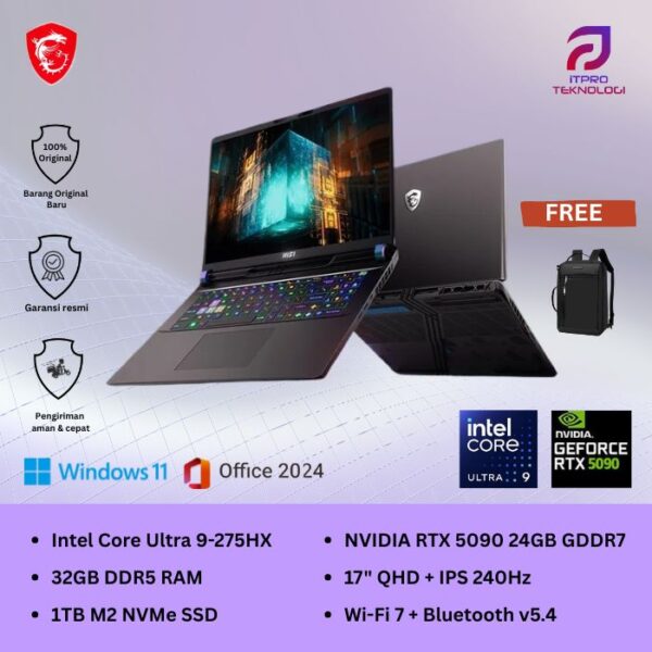 MSI Vector 17 HX AI A2XWJG (9S7-17S372-020) Cosmos Gray, Ultra 9 - 275HX, 32GB, 1TB SSD, Nvidia RTX5090 24GB, 17″ QHD, Win 11 Home + OHM