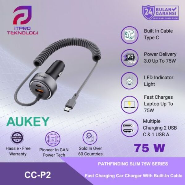 Aukey CC-P2 Pathfinder Sling 75W Car Charger USBH A USB C With Cable USB C PD 3.0 QC 3.0