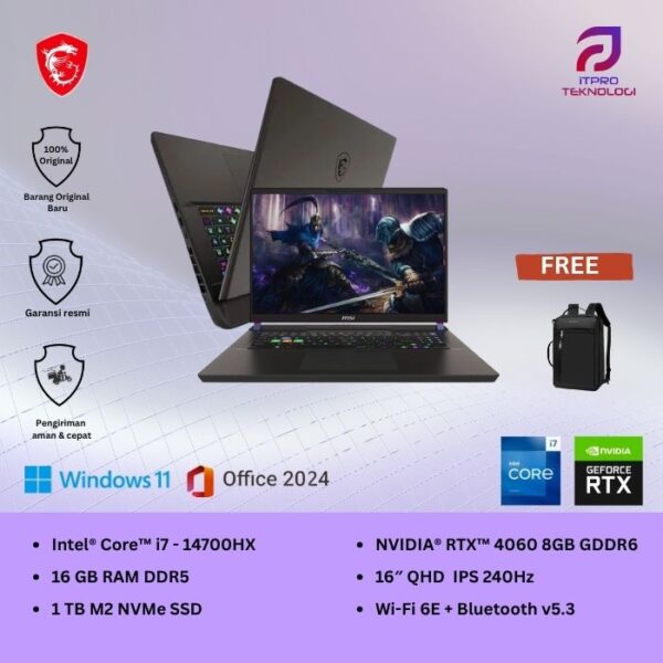 MSI Sword 16 HX B14VFKG (9S7-15P214-064) Gray, Core i7 - 14700HX, 16GB, 1TB SSD, Nvidia RTX4060 8GB, 16″ QHD, Win 11 Home + OHS2021