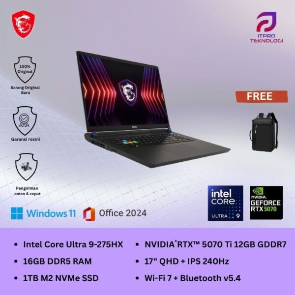 MSI Vector 17 HX AI A2XWHG (9S7-17S372-032) Cosmos Gray, Ultra 9 - 275HX, 16GB, 1TB SSD, RTX5070 Ti, 17″ QHD, Win 11 Home + OHM
