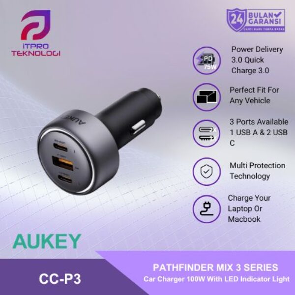 AUKEY CC-P3 Car Charger 100W USB C & USB A PD 3.0 QC 3.0 Multi Port PathFinder Mix 3