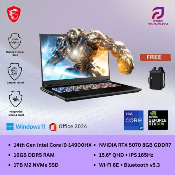 MSI Katana 15 (15 HX B14WGK 200) Black, Intel Core i9 - 14900HX, 16GB, 512GB SSD, Nvidia RTX5070, 15.6″ QHD, Win 11 Home + OHM