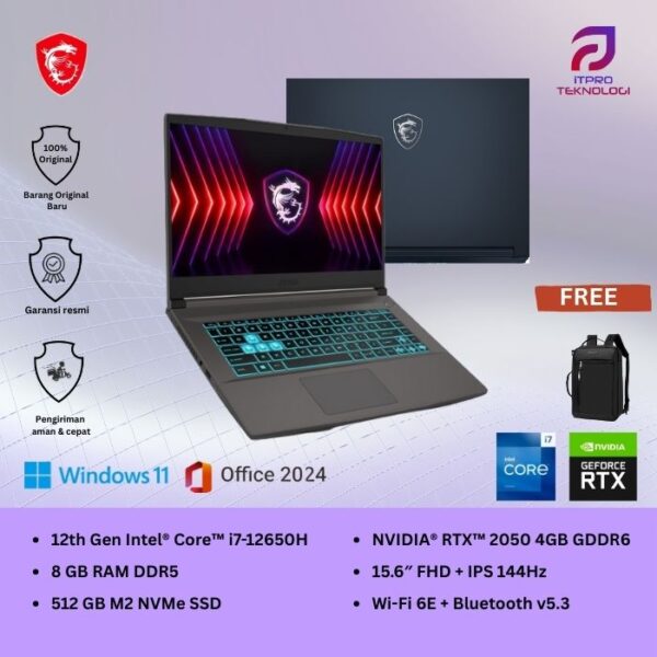 MSI Thin 15 B12UCX (9S7-16R831-1677) Gray - Core i7-12650H - 8GB - 512GB SSD - RTX2050 4GB - 15.6″ FHD 144Hz - Win 11 Home