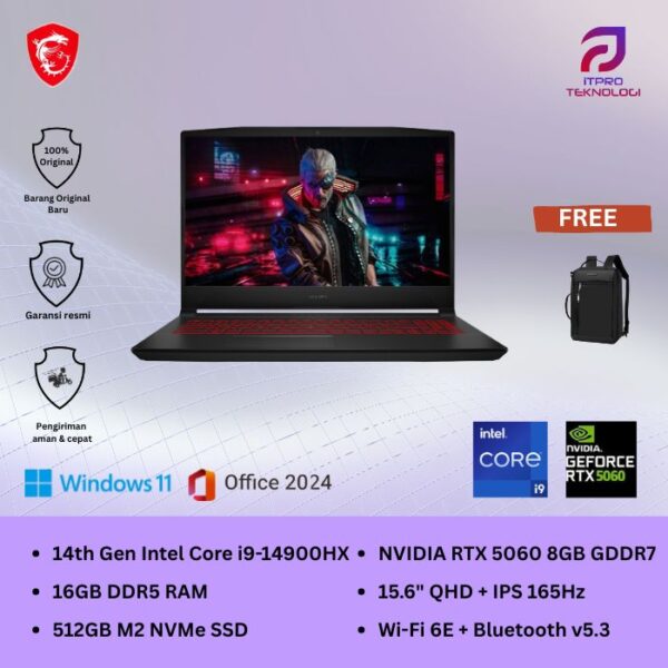 MSI Katana 15 (15 HX B14WGK 098) Black, Intel Core i9 - 14900HX, 16GB, 1TB SSD, Nvidia RTX5060 8GB, 15.6″ QHD, Win 11 Home + OHM