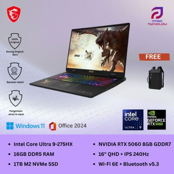 MSI Crosshair 16 HX AI D2XWFKG (9S7-15P421-039) Cosmos Grey, Intel Core Ultra 9 - 275HX, 16GB, 1TB SSD, Nvidia RTX5060 8GB, 16″ QHD, Win 11 Home + OHM
