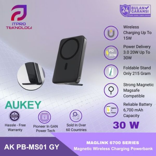 AUKEY Wireless Powerbank Magsafe 6700mah USB-C 20W PD PB-MS01 Grey