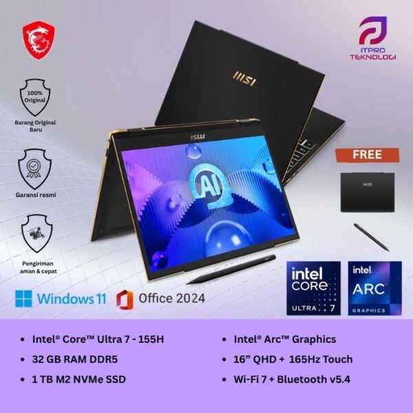 MSI Summit E16 AI EVO A1MTG (9S7-159521-003) Ink Black, Ultra 7 - 155H, 32GB, 1TB SSD, Intel Arc, 16″ QHD+ Touch, Win 11 Home + OHS2021