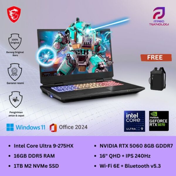 MSI Crosshair 16 HX AI D2XWGKG (9S7-15P421-041) Cosmos Grey, Intel Core Ultra 9 - 275HX, 16GB, 1TB SSD, Nvidia RTX5070 8GB, 16″ QHD, Win 11 Home + OHM