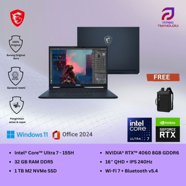 MSI Stealth 16 AI Studio A1VFG (9S7-15F412-095) Star Blue, Ultra 7 - 155H, 32GB, 1TB SSD, Nvidia RTX4060 8GB, 16″ QHD, Win 11 Home + OHS2021