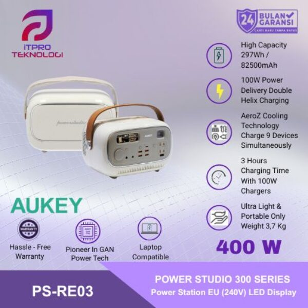 AUKEY Power Station Portable 82.500 mAh PD QC 3.0 400W 297Wh Power Studio ( 240V ) PS-RE03
