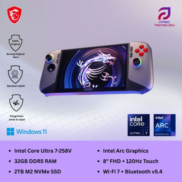 MSI Claw 8 AI + A2VM (9S7-1T5213-076) Polar Tempest Edition Gaming handheld, Intel Core Ultra 7 - 258V, 32GB, 2TB SSD, 8″ FHD Touch, Win 11 Home