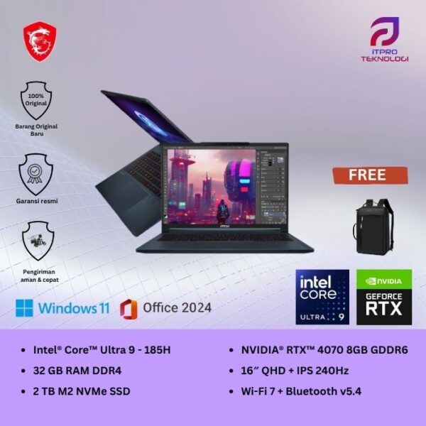 MSI Stealth 16 AI Studio A13VGG (9S7-15F412-005) Star Blue, Ultra 9 - 185H, 32GB, 2TB SSD, Nvidia RTX4070 8GB, 16″ QHD, Win 11 Home + OHS2021