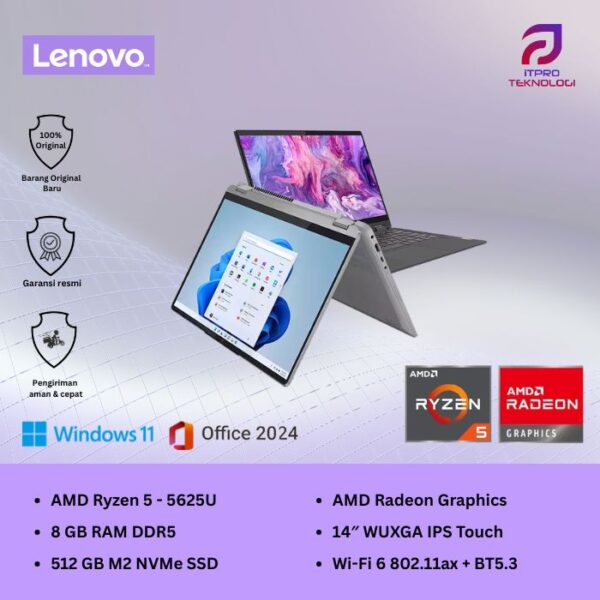 Lenovo IdeaPad Flex 5 14ABR8 Touch 2in1, Ryzen 5 - 5625U, 8GB SSD, 512GB, 14″,  Win 11 + OHS2024