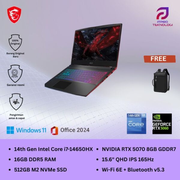MSI Katana 15 HX B14WGK (9S7-1587C1-201) Black, Intel Core i7 - 14650HX, 16GB, 512GB SSD, Nvidia RTX5070 8GB, 15.6″ QHD, Win 11 Home + OHM + M365