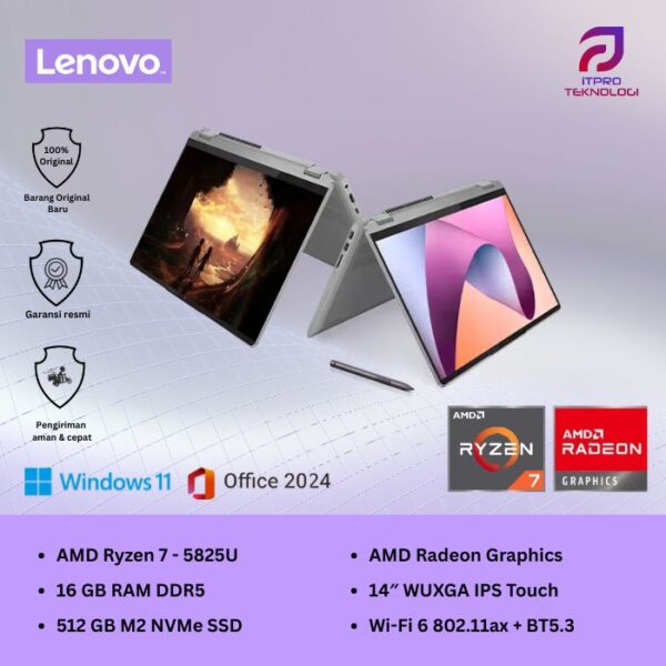 Lenovo IdeaPad Flex 5 14ABR8 Touch 2in1, Ryzen 7 - 5825U, 16GB SSD, 512GB, AMD Graph, 14″ WUXGA, Win 11 + OHS2021