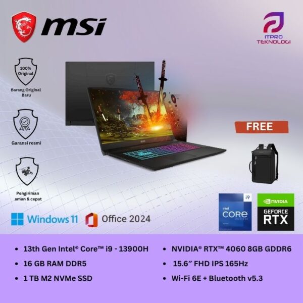 MSI Katana 15 B13VFK (9S7-158571-1888) Black, Core i9 - 13900H, 16GB, 1TB SSD, Nvidia RTX4060 8GB, 15.6″ QHD, Win 11 Home + OHS2021