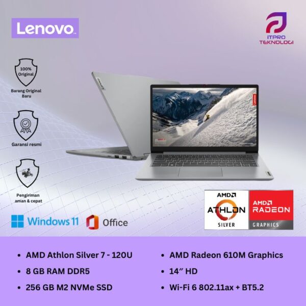 Lenovo IdeaPad Slim 1 14AMN7 A6ID Cloud Grey, Athlon Silver 7 - 120U, 8GB SSD, 256GB, AMD Graph, 14″ HD, Win 11 + OHS2021