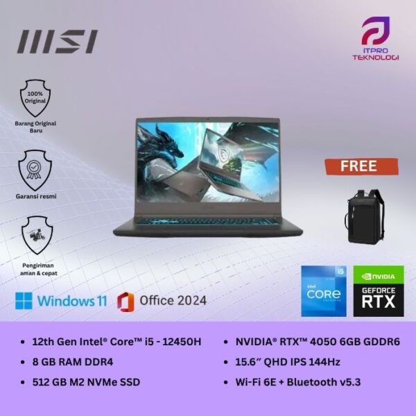 MSI Thin 15 B12VE (9S7-16R831-1676) Gray, Core i5 - 12450H, 8GB, 512GB SSD, Nvidia RTX4050 6GB, 15.6″ FHD, Win 11 Home